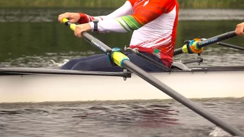 Athletes in training, rowing canal. Stock Footage 85189854