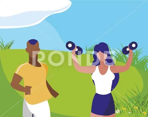 Athletic afro man running and woman weight lifting in camp Stock Illustration