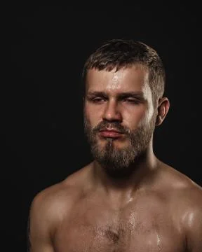 Athletic bearded boxer on a dark background Stock Photos