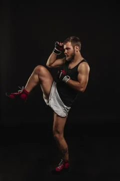 Athletic bearded boxer with gloves on a dark background Stock Photos