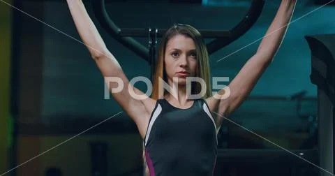Athletic Beautiful Sportswoman Lat Pull Down Training Upper Back Fitness Center Stock Photos