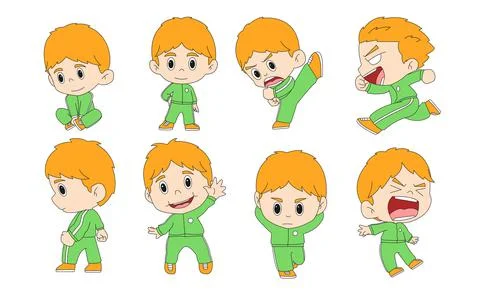 Athletic Boy Character Pose Set Green Sportswear Vector Illustration Ilustración de archivo