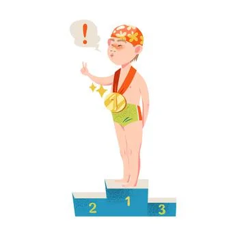 Athletic Boy in Swimming Trunks Standing on Medals Stand Vector Illustration Stock Illustration