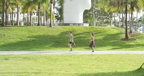 Athletic couple jogging in a park Stock Footage 97051752