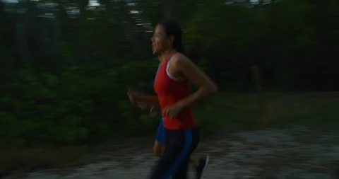 Athletic couple taking a break from jogging in a forrest at sunset Stock Footage 104229059