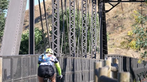 Athletic Cyclist Riding Across Bridge Bicycle Rider Stock Footage 112897225