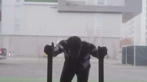 Athletic Guy Rests From Pushing Sled In Gym Stock Footage 270324655