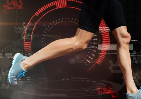 Athletic legs running with technology user interface background Stock Photos