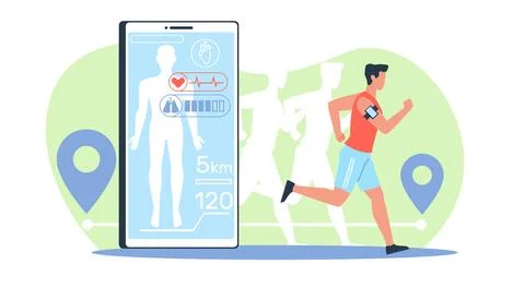 Athletic male athlete runs using an app on modern cell phone. Smartphone fitness Stock Illustration