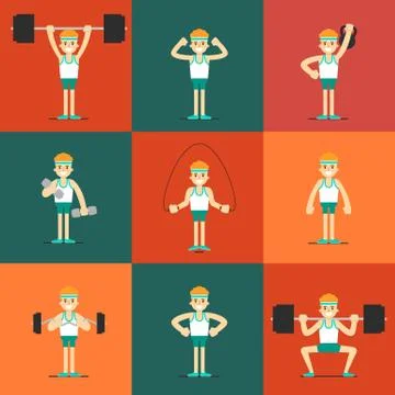 Athletic man doing exercise, illustration set Stock Illustration