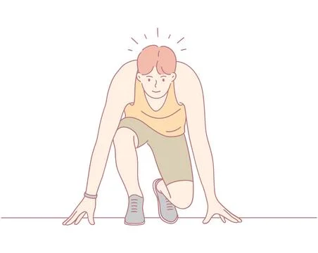 Athletic Man Intently Preparing Himself for a Sprint at the Track, Focused on Stock Illustration