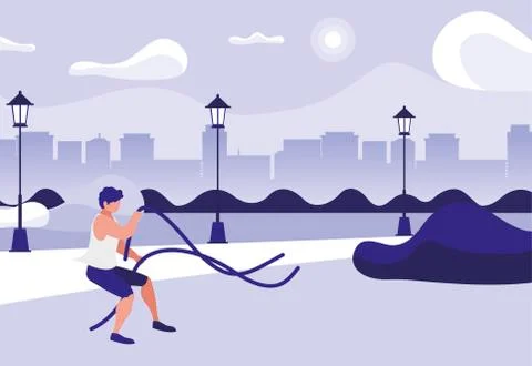 Athletic man practicing exercice with elastics bands in the park Ilustração Stock