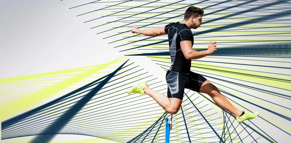 Athletic man practicing show jumping against blue angular design Fotos de archivo