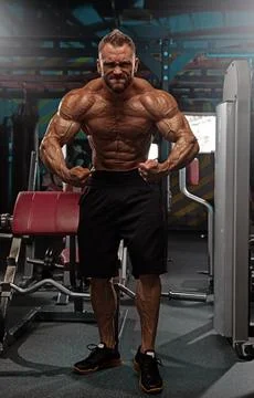Athletic man well defined physique is flexing his muscles in gym. He is focused Stock Photos