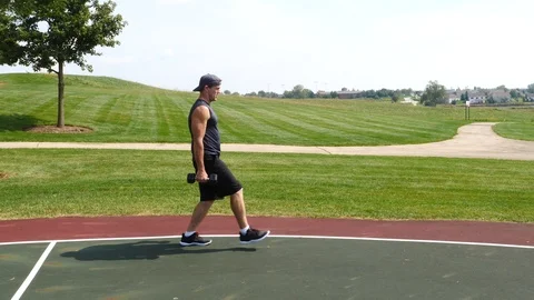 Athletic man working out training exercising, dumbbell front lunges, 4k, 60fps. Stock Footage 116147784