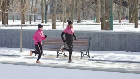 Athletic pair jogging in park in winter Stock Footage 149751300