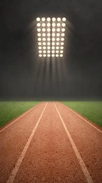 Athletic running track illuminated by bright stadium floodlights at night, .. Stock Illustration