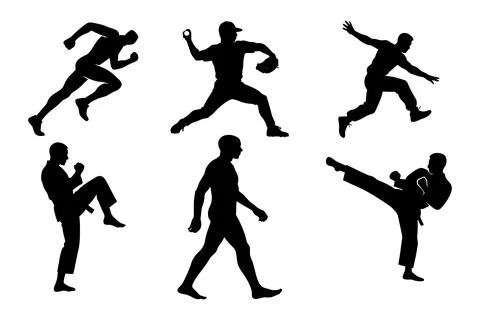 Athletic Silhouettes Showing Running Throwing Jumping Kicking Dynamic Sport.. Stock Illustration