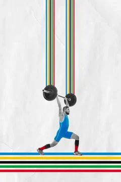 Athletic strong man training, lifting heavy weights. Contemporary art collage Stock Photos