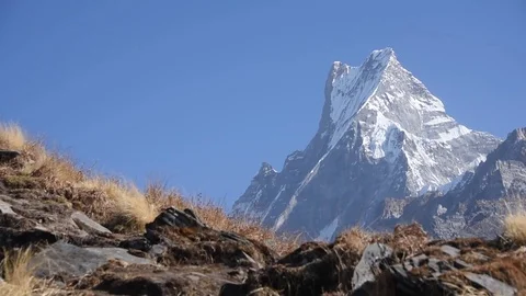 Athletic Trekkers Climb Up To Fish Tail Mountain Machhapurchhare - Nepal Stock Footage 80621333