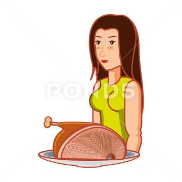 Athletic woman with delicious ham Stock Illustration