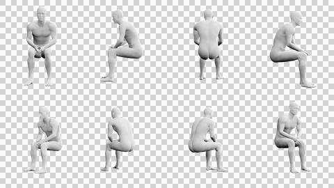 Athletic Young Man Sitting Down, multiple views (side, front, back), 360 de.. Stock Illustration