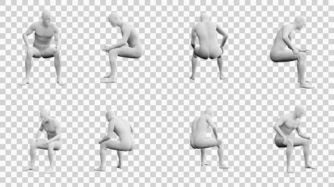 Athletic Young Man Sitting Down, multiple views (side, front, back), 360 de.. Stock Illustration