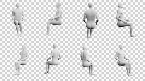 Athletic Young Man Sitting Down, multiple views (side, front, back), 360 de.. Stock Illustration