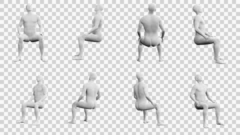 Athletic Young Man Sitting Down, multiple views (side, front, back), 360 de.. Stock Illustration