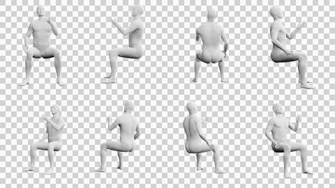 Athletic Young Man Sitting Down, multiple views (side, front, back), 360 de.. Stock Illustration