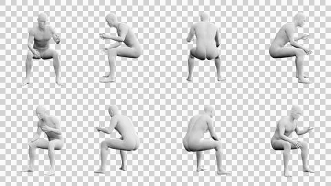 Athletic Young Man Sitting Gesturing, multiple views (side, front, back), 3.. Stock Illustration