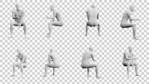 Athletic Young Man Sitting Gesturing, multiple views (side, front, back), 3.. 스톡 일러스트