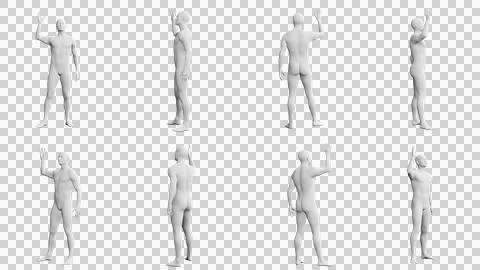Athletic Young Man Standing and Waving, multiple views (side, front, back),.. Stock Illustration