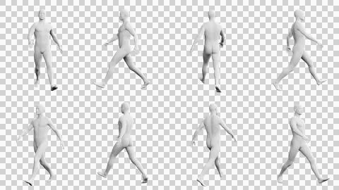Athletic Young Man Walking, multiple views (side, front, back), 360 degrees.. Stock Illustration