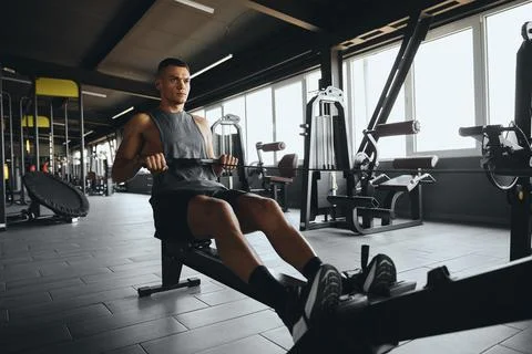 Athletic young man working out on rowing machine at fitness center Stock Photos