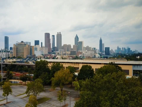 Atlanta Aerial City Shot Pan with train Stock Footage 80462653