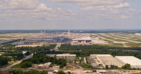 Atlanta Aerial v451 Slow panning view of airport with take off view in distance Stock Footage 92731910