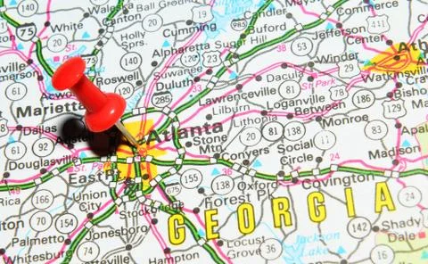 Atlanta marked with red pushpin on the map Stock Photos