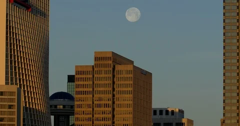 Atlanta Skyline Moon setting during golden hour.  Time lapse. Stock Footage 88069444