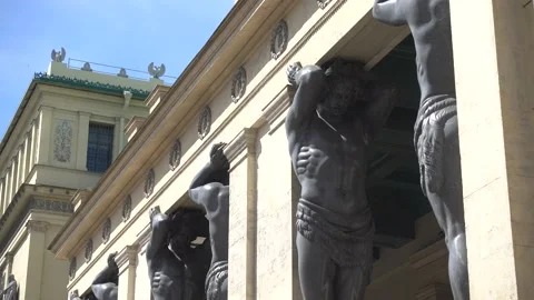 Atlanteans in the Hermitage support a massive balcony. Stock Footage 155924410