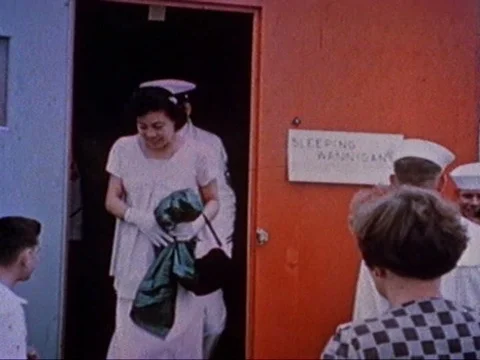At the Atlantic Beach Construction Battalion in Rhode Island, families see the Stock Footage 74967761