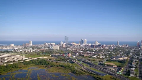 Atlantic City Skyline Down Swoop in Daylight Stock Footage
