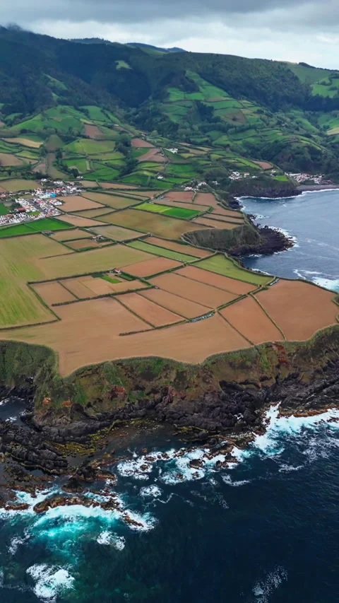 Atlantic coast cliffs with cultivated fields on top, Azores island Stock-Footage 337308119