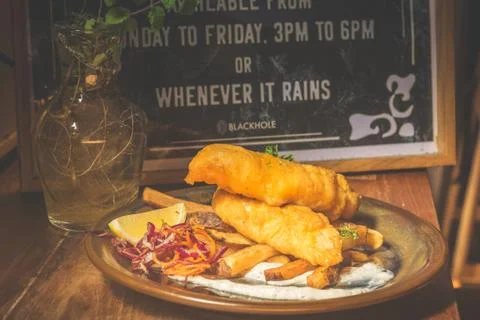 Atlantic Cod Fish And Chips Atlantic Cod is lean and white with a sweet, deli Stock Photos