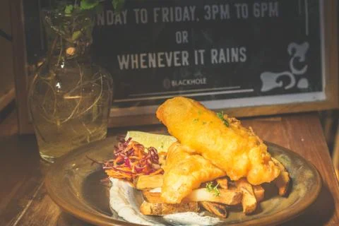 Atlantic Cod Fish And Chips Atlantic Cod is lean and white with a sweet, deli Stock Photos