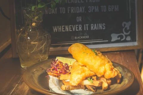 Atlantic Cod Fish And Chips Atlantic Cod is lean and white with a sweet, deli Stock Photos