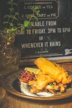 Atlantic Cod Fish And Chips Atlantic Cod is lean and white with a sweet, deli Stock Photos