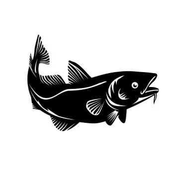 Atlantic Cod or Codling Fish Swimming Up Woodcut Black and White Illustrazione stock