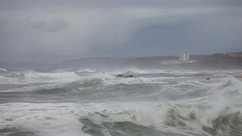 Atlantic ocean beach at windy weather. Big waves and tide Stock Footage 90488741