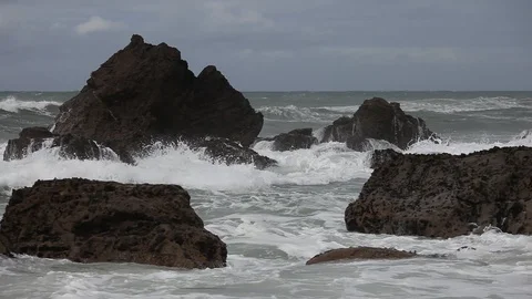 Atlantic ocean beach at windy weather. Big waves and tide Stock-Footage 90488787